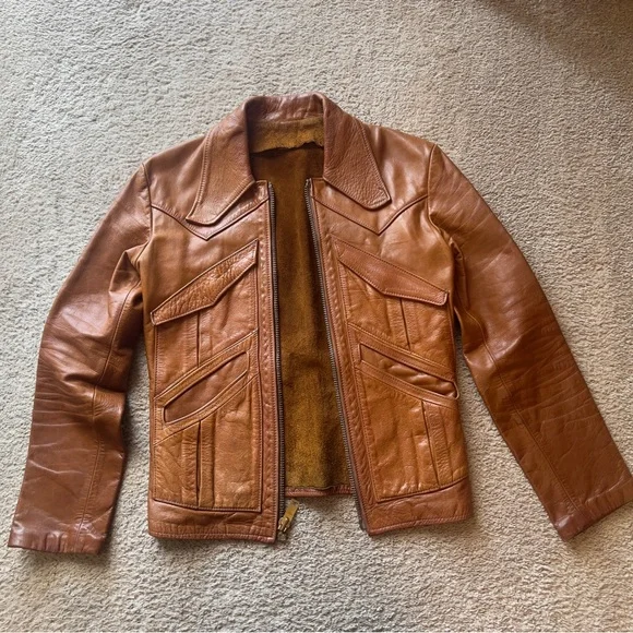 East West Musical Instruments Vintage 1970’s Tan leather Jacket Suede Interior L - Picture 2 of 13